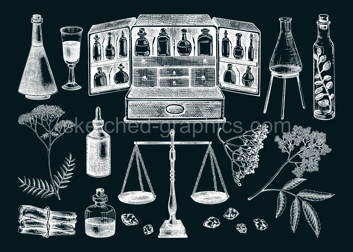 Vinatge apothecary hand-drawn vector illustrations on chalkboard. Apothecary box, scales, glassware, incense, medicinal herbs. Witchcraft shop design elements. NOT AI generated Illustration